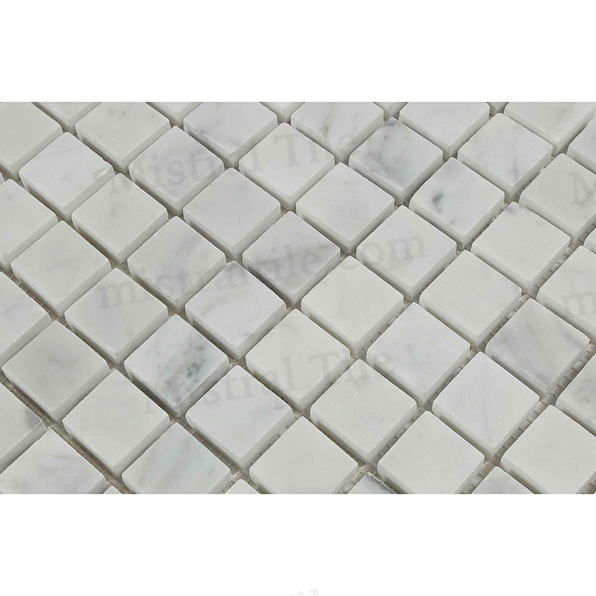 1x1 Polished Bianco Carrara Marble Square Mosaic Perspective View