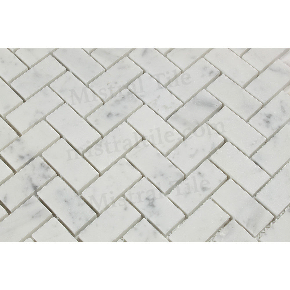 1x2 Zigzag Honed Bianco Carrara Herringbone Mosaic Perspective View