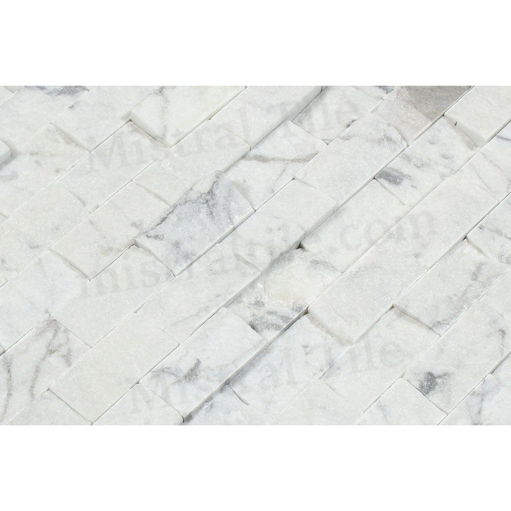 1x2 Split-faced Bianco Carrara Marble Brick Mosaic Perspective View