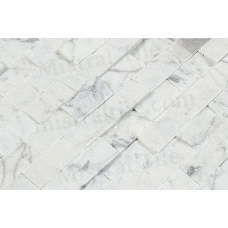 1x2 Split-faced Bianco Carrara Marble Brick Mosaic Perspective View