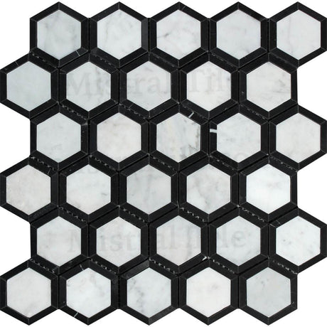 2x2 Honed Carrara - Black Vortex Hexagon Mosaic