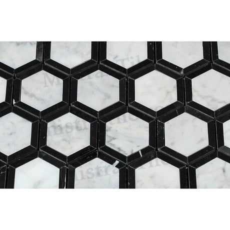 2x2 Honed Carrara - Black Vortex Hexagon Mosaic perspective view