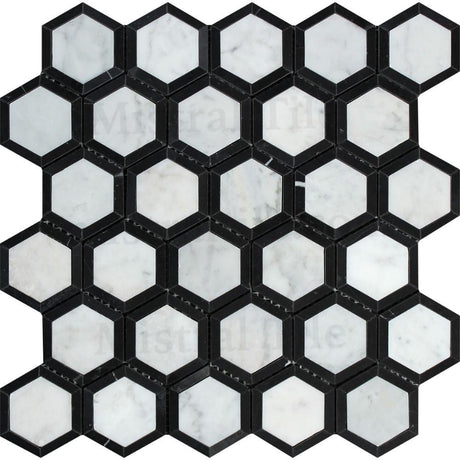 2x2 Polished Carrara - Black Vortex Hexagon Mosaic