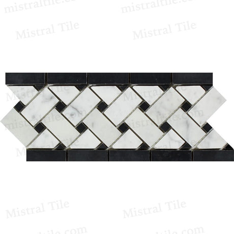 4 3/4x12 Polished Carrara & Black Basketweave Tile Perspective View