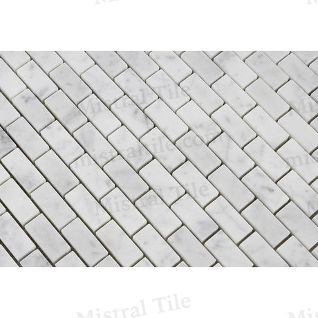 5/8x1 1/4 Honed Bianco Carrara Mini Brick Mosaic Perspecitve view