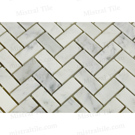 5/8x1 1/4 Honed Bianco Carrara Herringbone Mosaic Perspecitve View