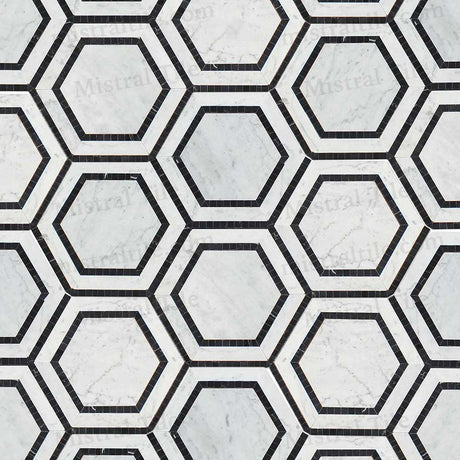 5x5 Honed Bianco Carrara - Black Honeycomb Mosaic Perspective View