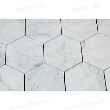 5x5 Honed Bianco Carrara Marble Hexagon Mosaic Perspective View