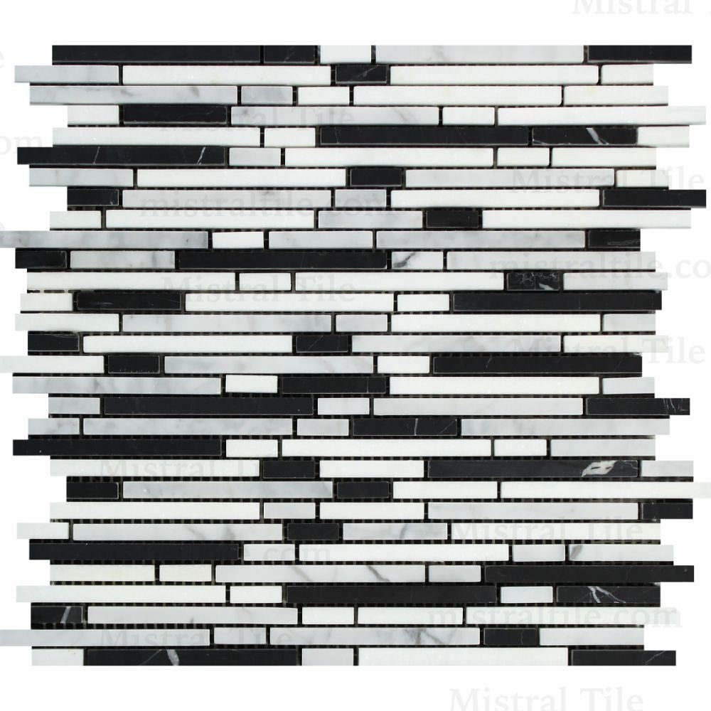 Honed Bianco Carrara - Black Bamboo Stick Mosaic Horizontal