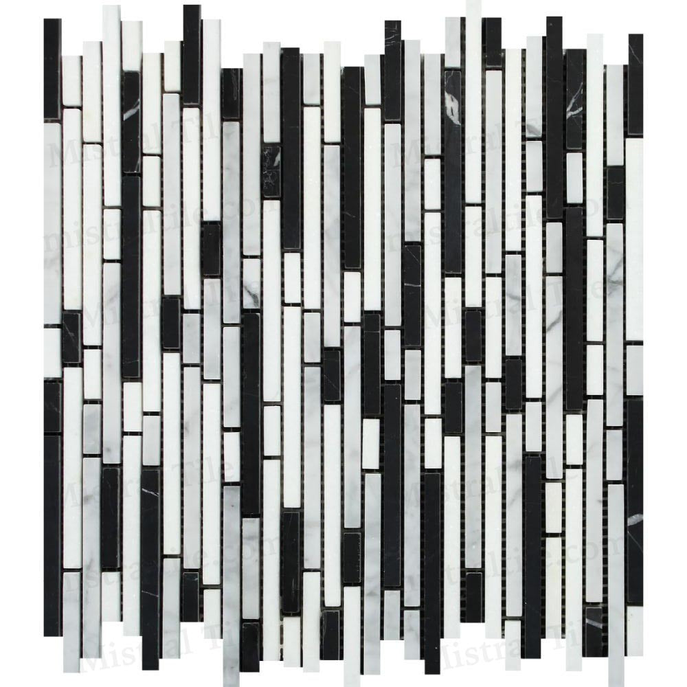 Honed Bianco Carrara - Black Bamboo Stick Mosaic Vertical