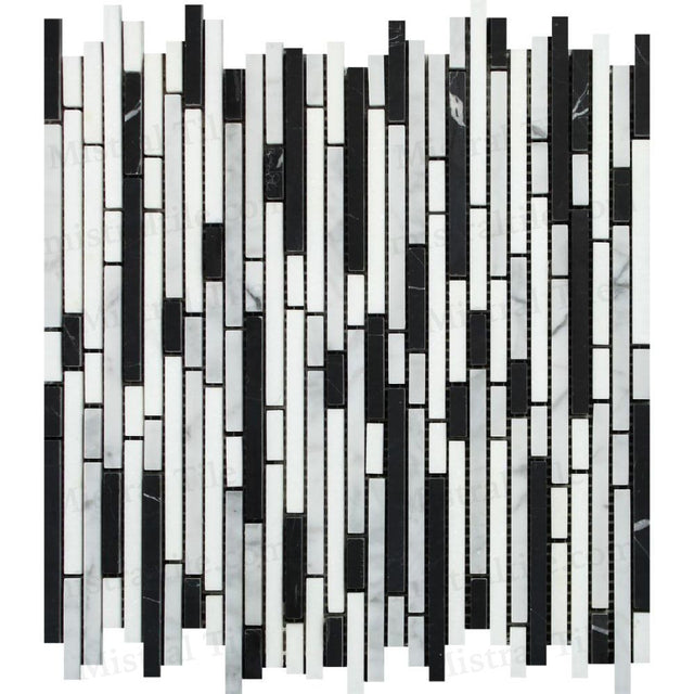 Polished Bianco Carrara - Black Bamboo Mosaic Tile Vertical