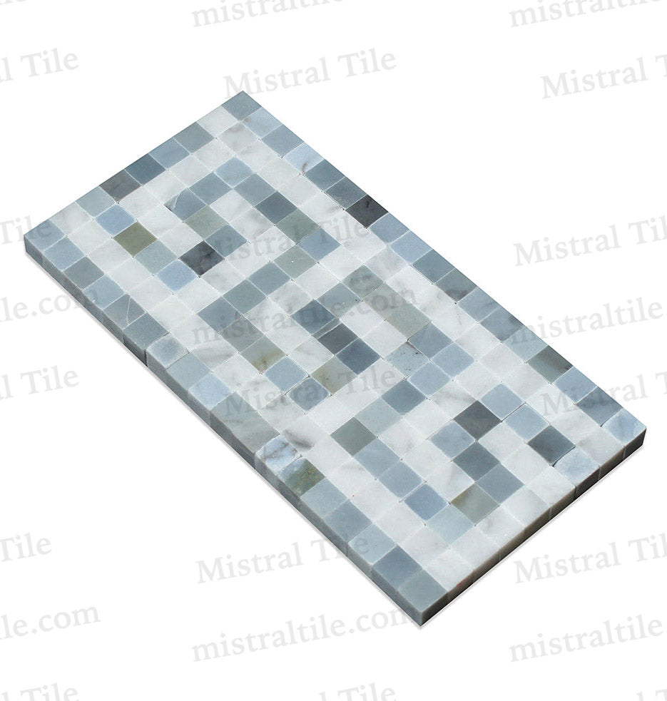 Honed Bianco Carrara - Blue Gray Greek Key Border Perspective