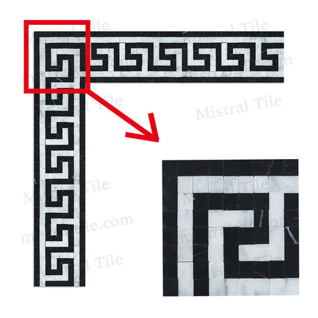 Bianco Carrara Marble and Black Honed Marble Greek Key Mosaic Border Corner Tile