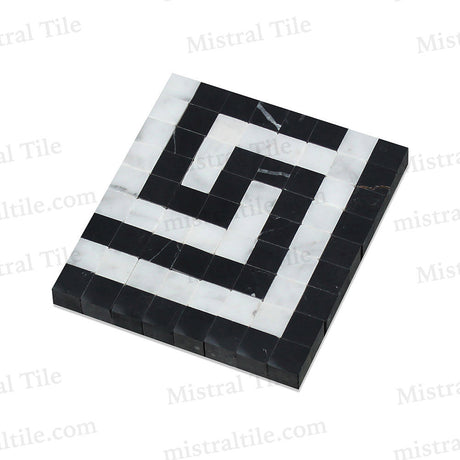 Bianco Carrara Marble and Black Honed Marble Greek Key Mosaic Border Corner Perspective