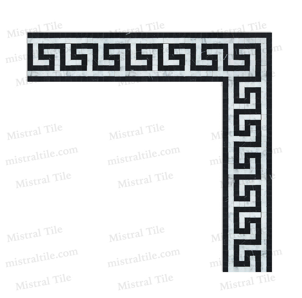 Honed Bianco Carrara - Black Greek Key Border mosaic