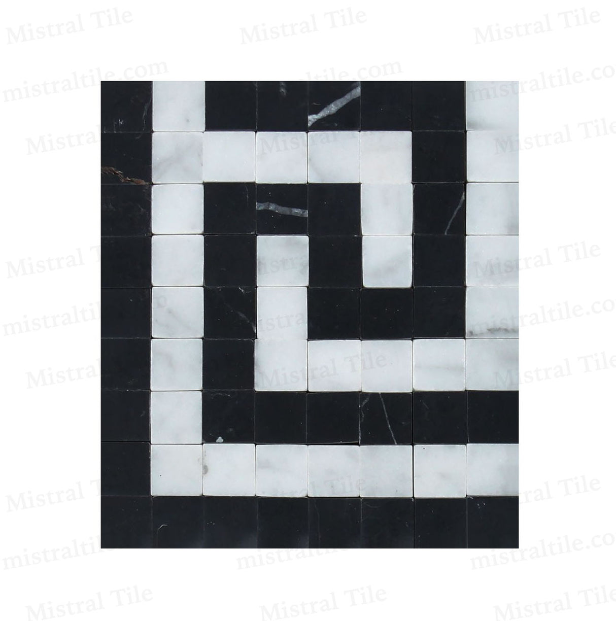 Polished Bianco Carrara and Black Marble Greek Key Mosaic Border Corner Piece