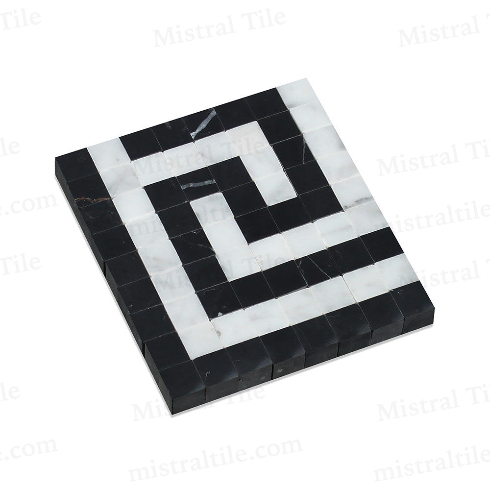 Bianco Carrara Marble and Black Polished Marble Greek Key Mosaic Border Corner Perspective 1