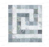 Honed Bianco Carrara and Blue Gray Marble Greek Key Mosaic Border Corner