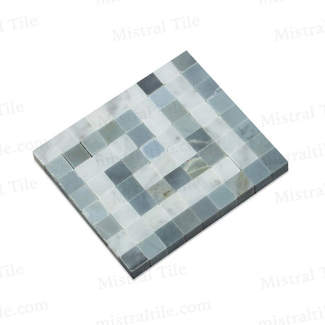 Honed Bianco Carrara and Blue Gray Marble Greek Key Mosaic Border Corner Perspective view