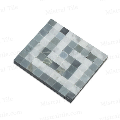 Honed Bianco Carrara and Blue Gray Marble Greek Key Mosaic Border Corner Perspective 2