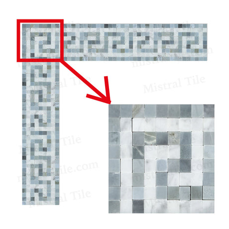 Honed Bianco Carrara and Blue Gray Marble Greek Key Mosaic Border Corner Piece