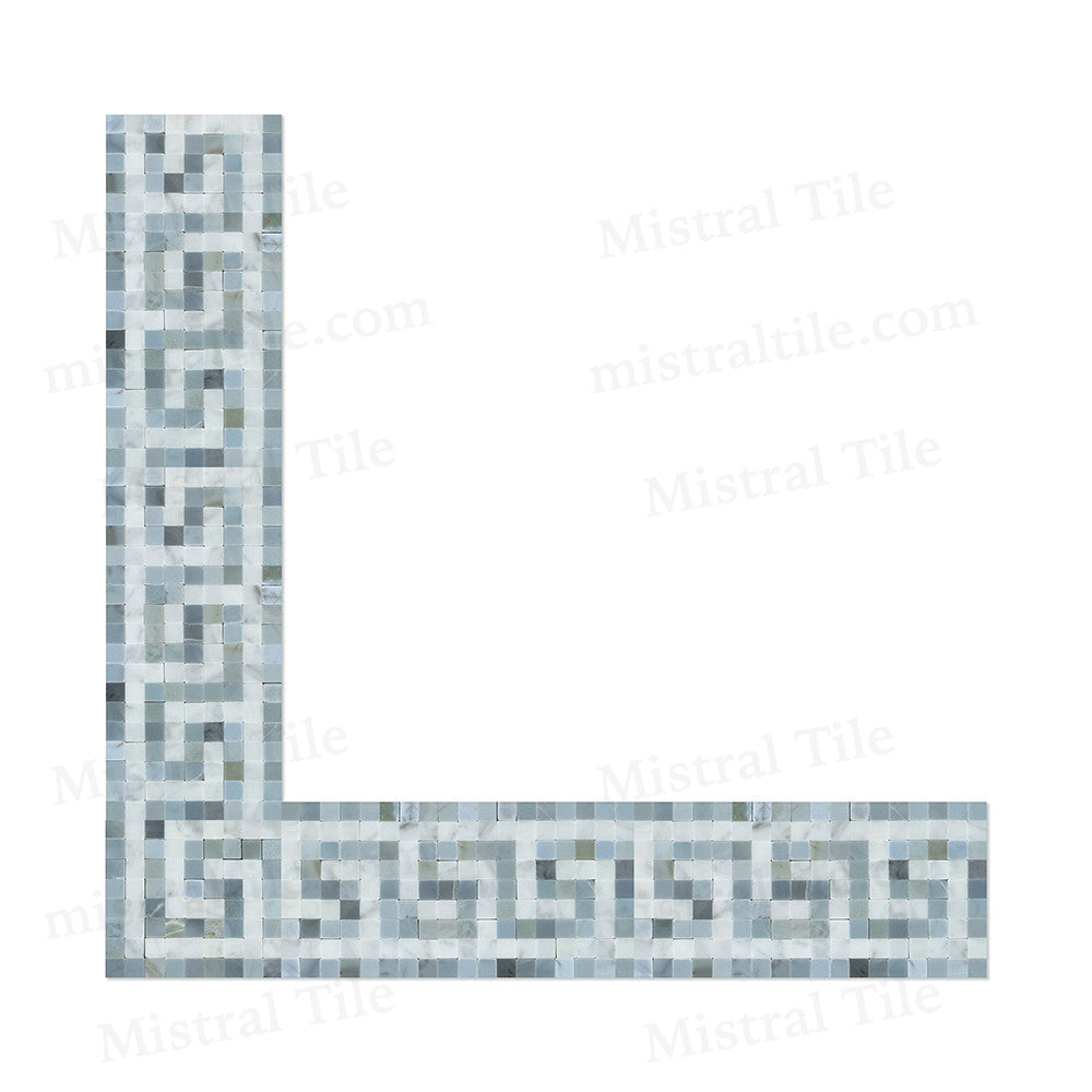 Honed Bianco Carrara and Blue Gray Marble Greek Key Mosaic Border Corner Installed