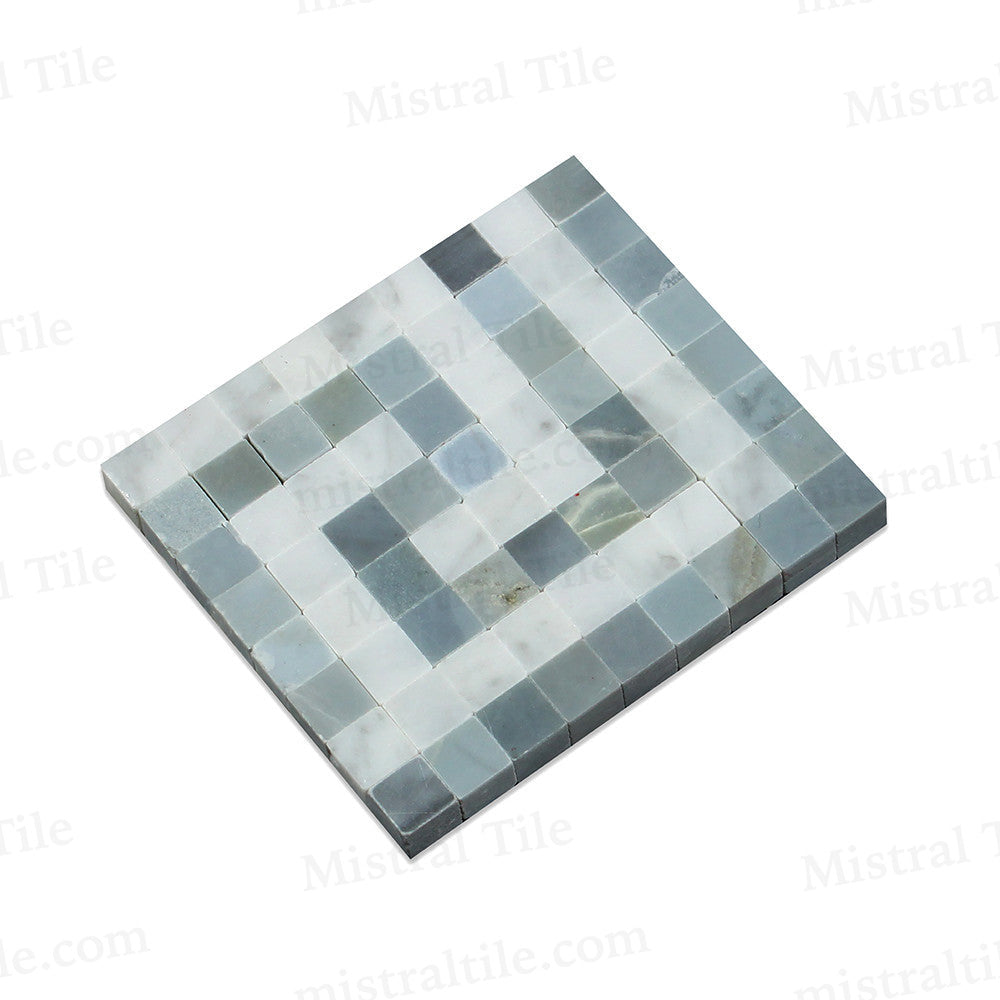 Polished Bianco Carrara and Blue Gray Marble Mosaic Greek Key Border Corner Piece Perspective View