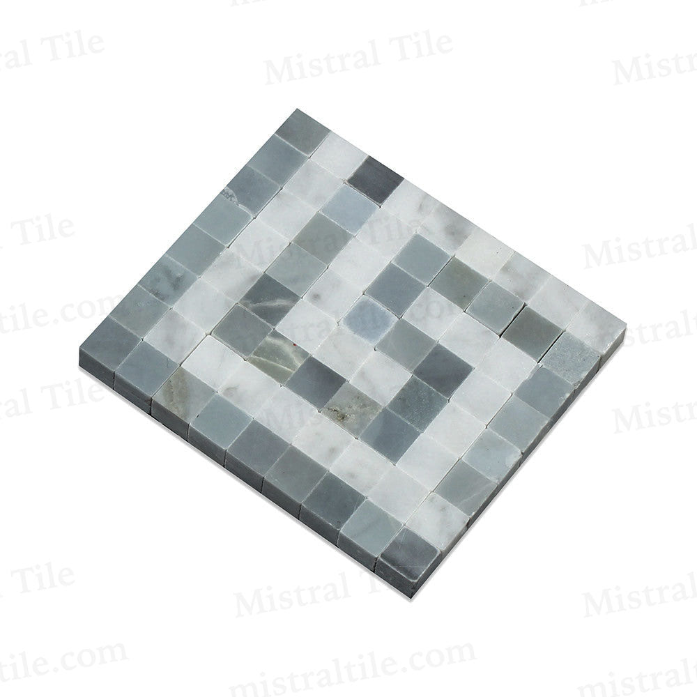 Polished Bianco Carrara and Blue Gray Marble Mosaic Greek Key Border Corner 2