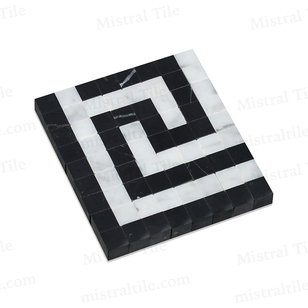 Bianco Carrara Marble and Black Honed Marble Greek Key Mosaic Corner