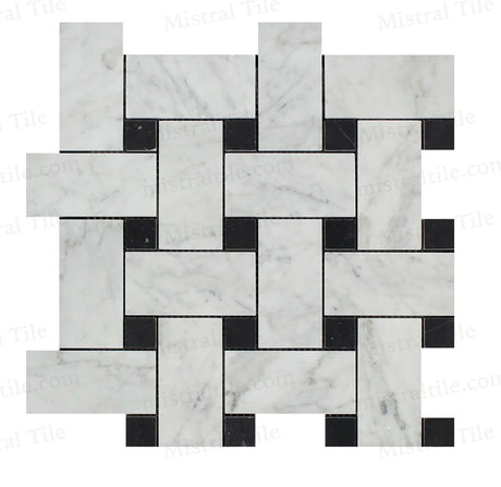 Honed  Bianco Carrara - Black Large Basketweave Mosaic