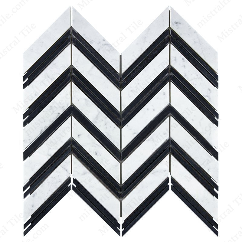 Honed Bianco Carrara - Black Marble Large Format Chevron Mosaic Tile Perspective