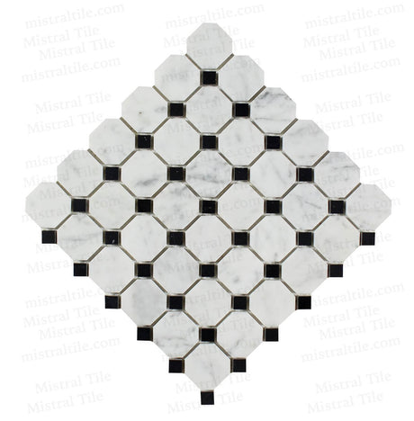 Honed Bianco Carrara and Black Marble Octagon Pattern Mosaic Tile