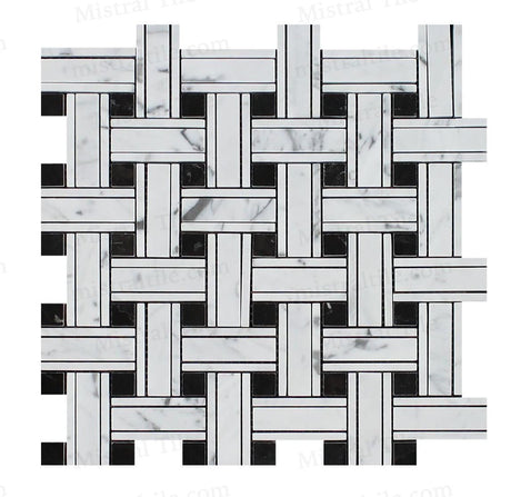 Honed Bianco Carrara-Black Marble Panama weave Mosaic Tile