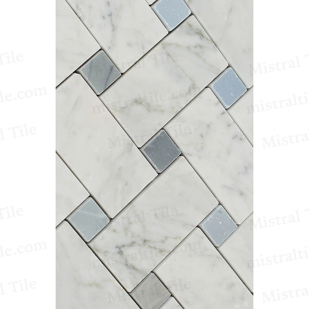 Honed Bianco Carrara - Blue Gray Natural Marble Large Format Basketweave Mosaic Tile Perspective