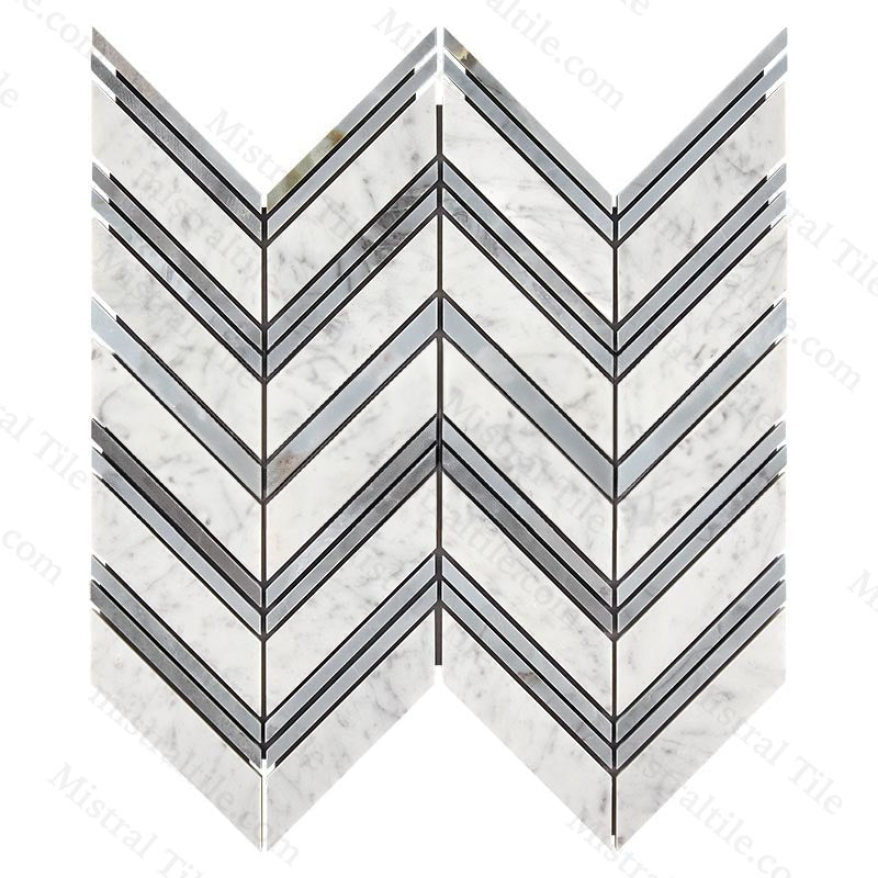 Honed Bianco Carrara - Blue Gray Marble Large Format Chevron Mosaic Tile