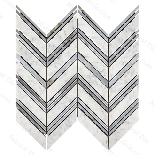 Honed Bianco Carrara - Blue Gray Marble Large Format Chevron Mosaic Tile