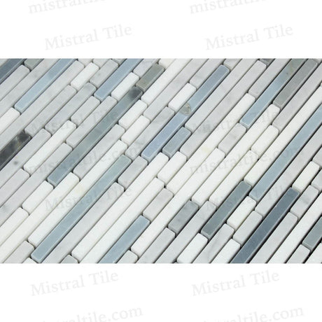 Honed Bianco Carrara-Thassos-Blue Gray Marble Bamboo Strip Mosaic Detail