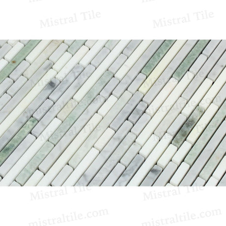 Honed Bianco Carrara and Thassos with Ming Green Bamboo Strip Mosaic Tile Cross Line