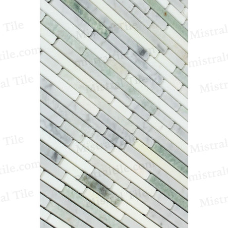 Honed Bianco Carrara and Thassos with Ming Green Bamboo Strip Mosaic Tiles