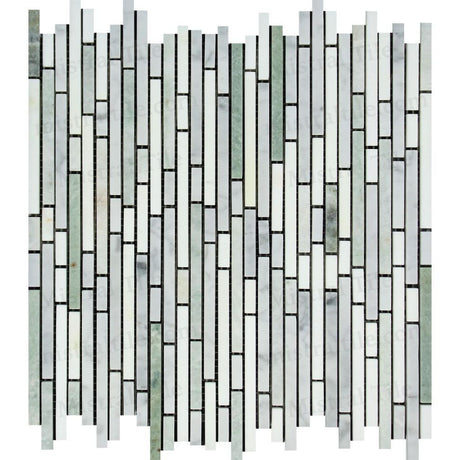 Honed Bianco Carrara and Thassos with Ming Green Bamboo Strip Mosaic Tile