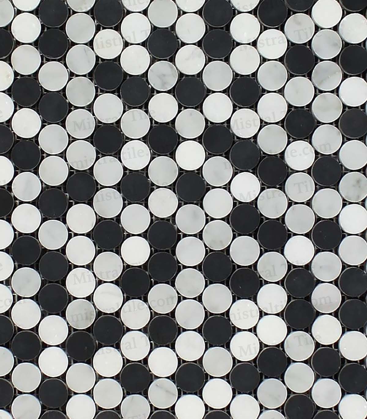 Honed Carrara-Thassos-Black Penny Round Mosaic Tiles