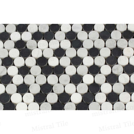 Honed Carrara-Thassos-Black Penny Round Mosaic flooring