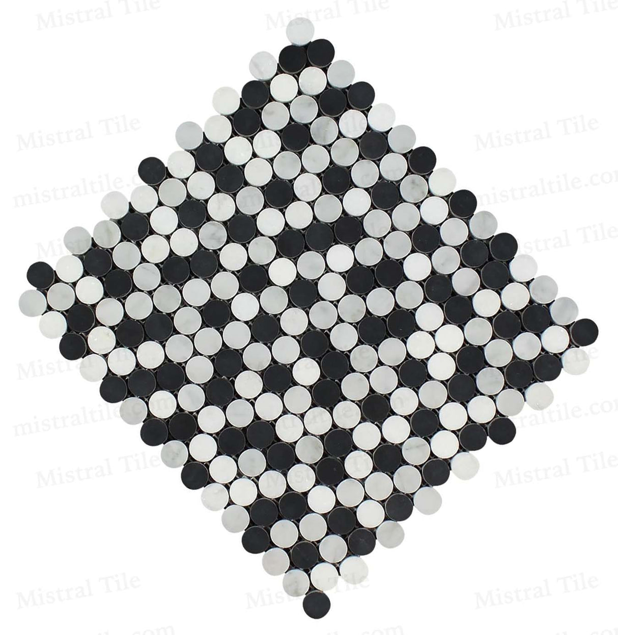 Honed Carrara-Thassos-Black Penny Round Mosaic