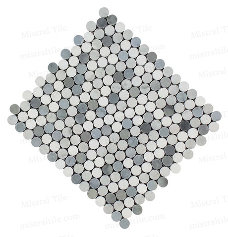 Honed Bianco Carrara-Thassos-Blue Gray Marble Penny Round Mosaic Tile