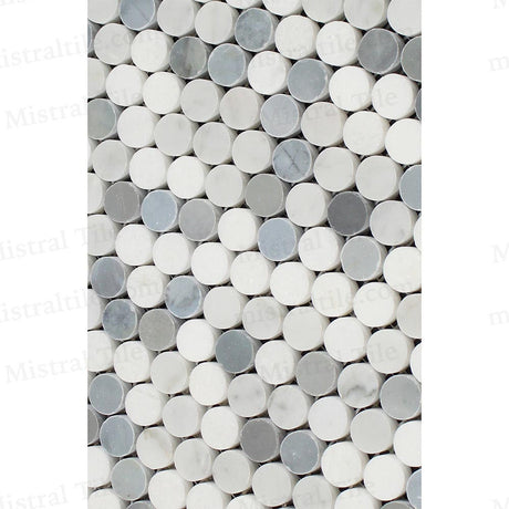 Honed Bianco Carrara-Thassos-Blue Gray Marble Penny Round Mosaic Tile installation