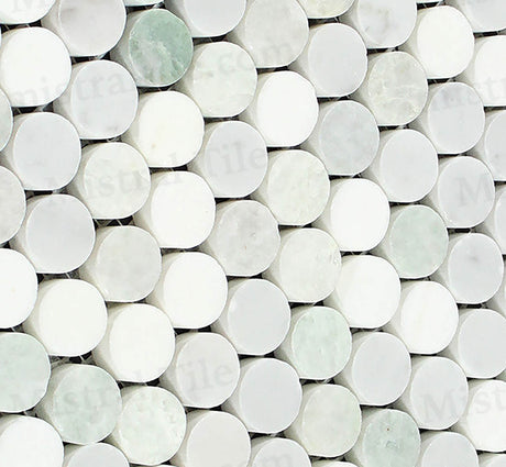 Honed Bianco Carrara, Thassos wihte and Ming Green PennyRound Mosaic Tiles