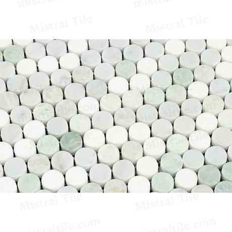 Honed Bianco Carrara, Thassos wihte and Ming Green PennyRound Mosaic Tile Flooring