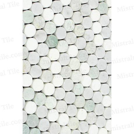 Honed Bianco Carrara, Thassos wihte and Ming Green PennyRound Mosaic Tile Wall