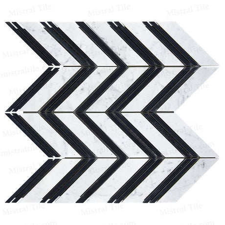 Honed Bianco Carrara - Black Marble Large Format Chevron Mosaic Tile