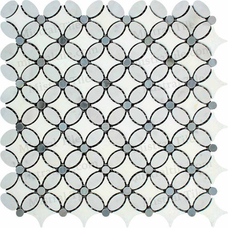 Honed Carrara - Thassos- Blue Gray Florida Flower Pattern Marble Mosaic Tile